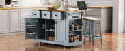 K&K 53inch Large Kitchen Island with Drop Leaf,Power Outlet,Door Internal Storage Rack,Rolling Kitchen Cart on 5 Wheels with 5 Open Side Racks for Kitchen,Dining Room,Grey Blue(Not include bar stools) Default -DTYStore