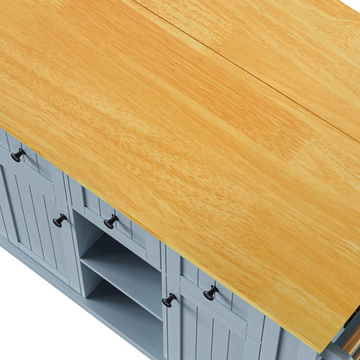 K&K 53inch Large Kitchen Island with Drop Leaf,Power Outlet,Door Internal Storage Rack,Rolling Kitchen Cart on 5 Wheels with 5 Open Side Racks for Kitchen,Dining Room,Grey Blue(Not include bar stools) Default -DTYStore