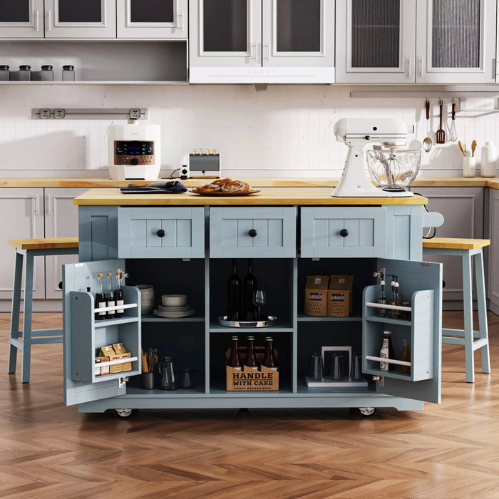 K&K 53inch Large Kitchen Island with Drop Leaf,Power Outlet,Door Internal Storage Rack,Rolling Kitchen Cart on 5 Wheels with 5 Open Side Racks for Kitchen,Dining Room,Grey Blue(Not include bar stools) Default -DTYStore