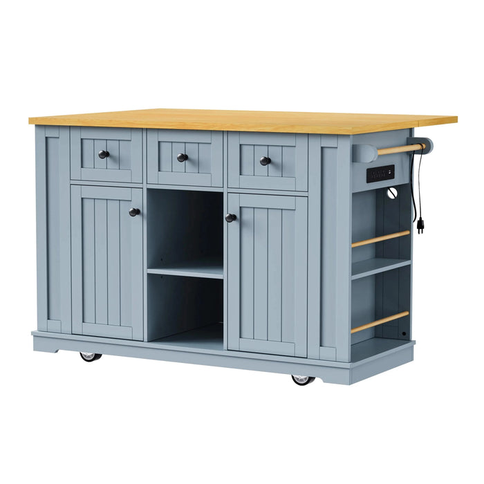 K&K 53inch Large Kitchen Island with Drop Leaf,Power Outlet,Door Internal Storage Rack,Rolling Kitchen Cart on 5 Wheels with 5 Open Side Racks for Kitchen,Dining Room,Grey Blue(Not include bar stools) Default -DTYStore