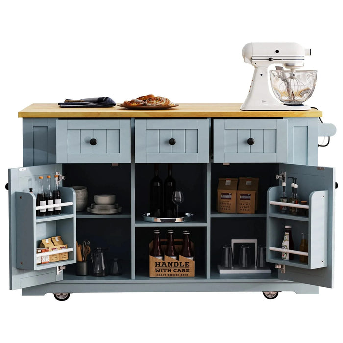 K&K 53inch Large Kitchen Island with Drop Leaf,Power Outlet,Door Internal Storage Rack,Rolling Kitchen Cart on 5 Wheels with 5 Open Side Racks for Kitchen,Dining Room,Grey Blue(Not include bar stools) Default -DTYStore