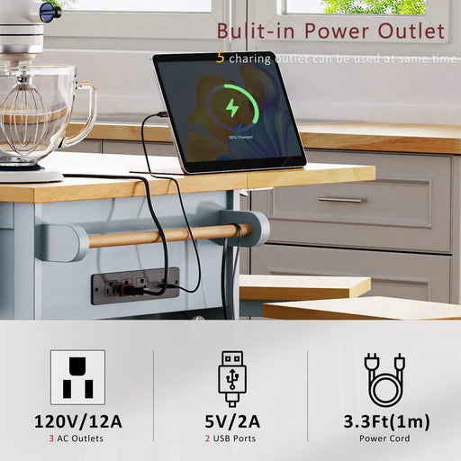 K&K 53inch Large Kitchen Island with Drop Leaf,Power Outlet,Door Internal Storage Rack,Rolling Kitchen Cart on 5 Wheels with 5 Open Side Racks for Kitchen,Dining Room,Grey Blue(Not include bar stools) Default -DTYStore