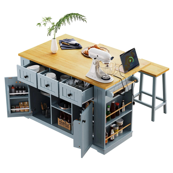 K&K 53inch Large Kitchen Island with Drop Leaf,Power Outlet,Door Internal Storage Rack,Rolling Kitchen Cart on 5 Wheels with 5 Open Side Racks for Kitchen,Dining Room,Grey Blue(Not include bar stools) Default -DTYStore