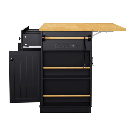 K&K 53inch Large Kitchen Island with Drop Leaf, Power Outlet, Door Internal Storage Rack, Rolling Kitchen Cart on 5 Wheels with 5 Open Side Racks for Kitchen, Dining Room,Black(Not include bar stools) Default -DTYStore