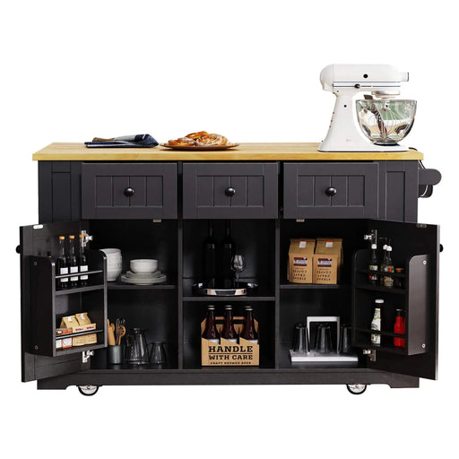 K&K 53inch Large Kitchen Island with Drop Leaf, Power Outlet, Door Internal Storage Rack, Rolling Kitchen Cart on 5 Wheels with 5 Open Side Racks for Kitchen, Dining Room,Black(Not include bar stools) Default -DTYStore
