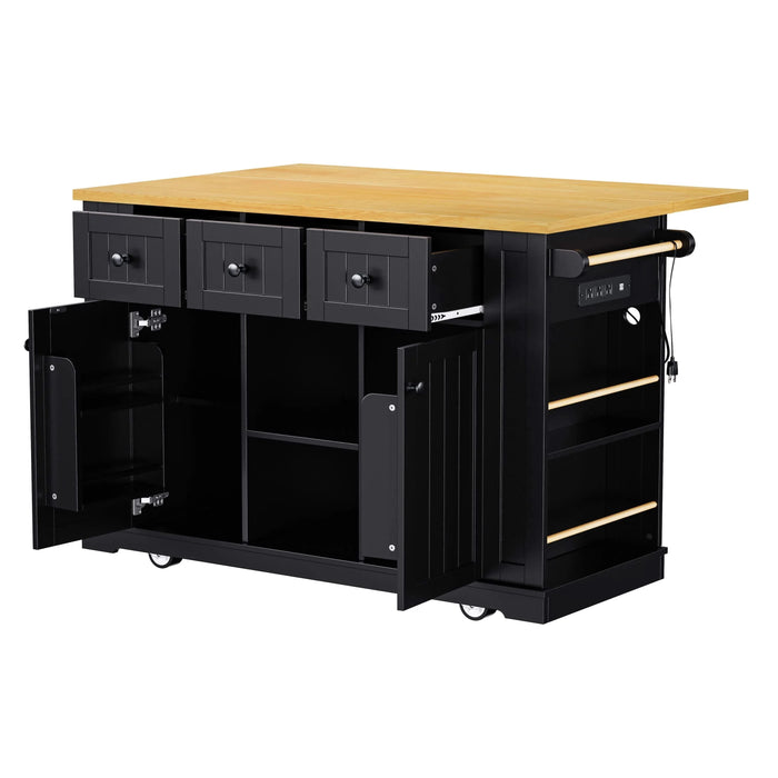 K&K 53inch Large Kitchen Island with Drop Leaf, Power Outlet, Door Internal Storage Rack, Rolling Kitchen Cart on 5 Wheels with 5 Open Side Racks for Kitchen, Dining Room,Black(Not include bar stools) Default -DTYStore
