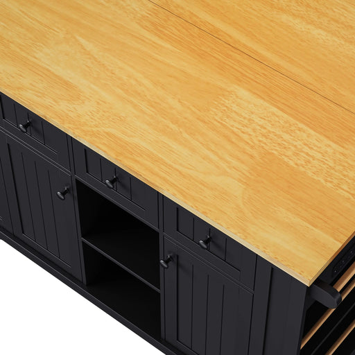K&K 53inch Large Kitchen Island with Drop Leaf, Power Outlet, Door Internal Storage Rack, Rolling Kitchen Cart on 5 Wheels with 5 Open Side Racks for Kitchen, Dining Room,Black(Not include bar stools) Default -DTYStore