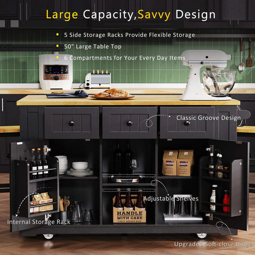 K&K 53inch Large Kitchen Island with Drop Leaf, Power Outlet, Door Internal Storage Rack, Rolling Kitchen Cart on 5 Wheels with 5 Open Side Racks for Kitchen, Dining Room,Black(Not include bar stools) Default -DTYStore