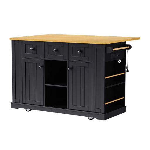 K&K 53inch Large Kitchen Island with Drop Leaf, Power Outlet, Door Internal Storage Rack, Rolling Kitchen Cart on 5 Wheels with 5 Open Side Racks for Kitchen, Dining Room,Black(Not include bar stools) Default -DTYStore