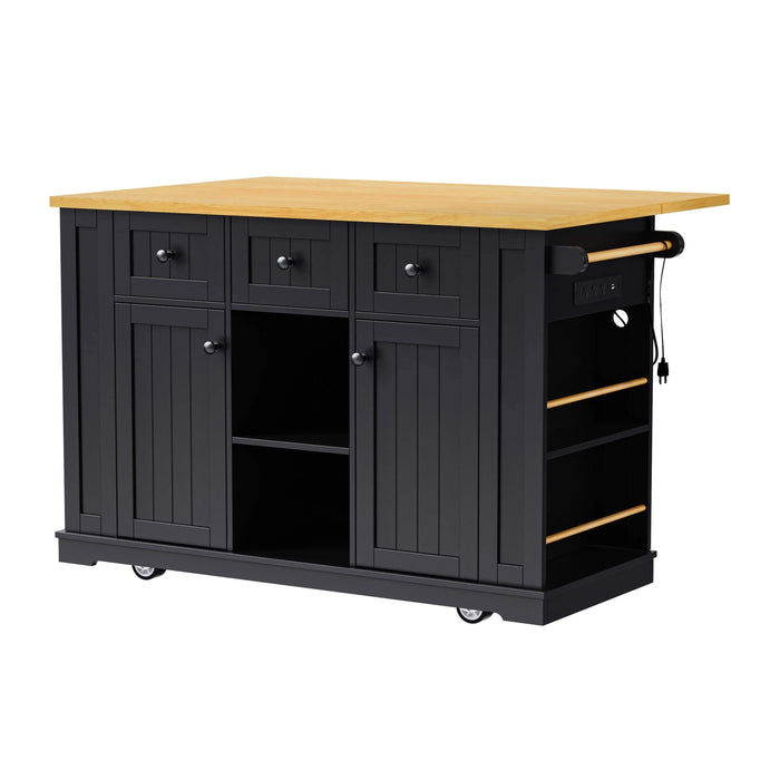 K&K 53inch Large Kitchen Island with Drop Leaf, Power Outlet, Door Internal Storage Rack, Rolling Kitchen Cart on 5 Wheels with 5 Open Side Racks for Kitchen, Dining Room,Black(Not include bar stools) Default -DTYStore
