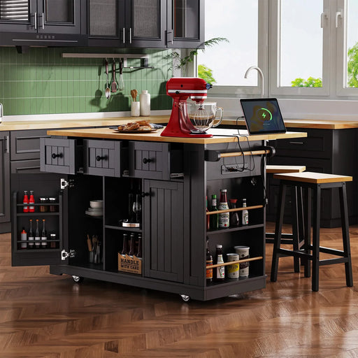 K&K 53inch Large Kitchen Island with Drop Leaf, Power Outlet, Door Internal Storage Rack, Rolling Kitchen Cart on 5 Wheels with 5 Open Side Racks for Kitchen, Dining Room,Black(Not include bar stools) Default -DTYStore