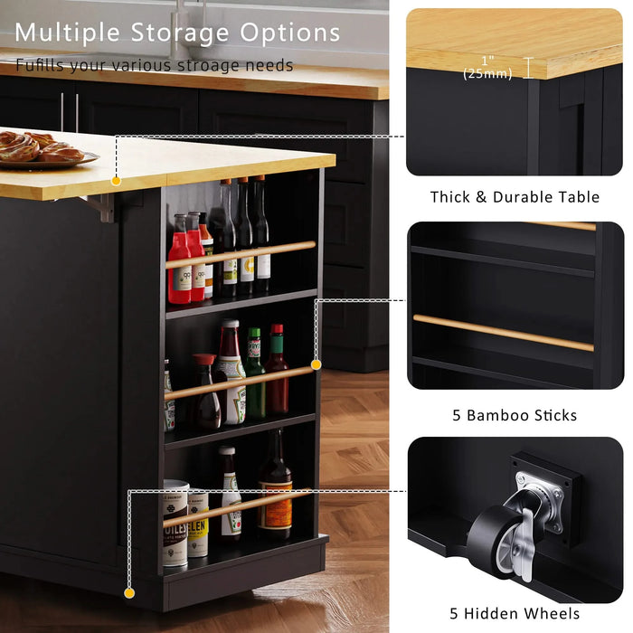 K&K 53inch Large Kitchen Island with Drop Leaf, Power Outlet, Door Internal Storage Rack, Rolling Kitchen Cart on 5 Wheels with 5 Open Side Racks for Kitchen, Dining Room,Black(Not include bar stools) Default -DTYStore