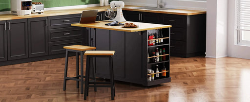K&K 53inch Large Kitchen Island with Drop Leaf, Power Outlet, Door Internal Storage Rack, Rolling Kitchen Cart on 5 Wheels with 5 Open Side Racks for Kitchen, Dining Room,Black(Not include bar stools) Default -DTYStore