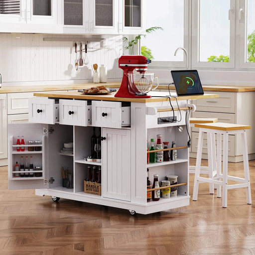 K&K 53inch Large Kitchen Island with Drop Leaf, Power Outlet, Door Internal Storage Rack, Rolling Kitchen Cart on 5 Wheels with 5 Open Side Racks for Kitchen, Dining Room,White(Not include bar stools) Default -DTYStore