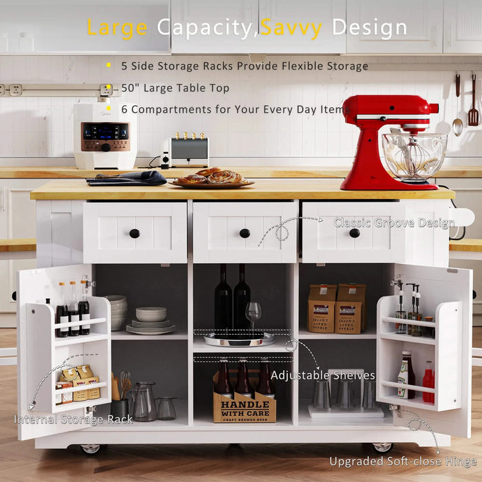K&K 53inch Large Kitchen Island with Drop Leaf, Power Outlet, Door Internal Storage Rack, Rolling Kitchen Cart on 5 Wheels with 5 Open Side Racks for Kitchen, Dining Room,White(Not include bar stools) Default -DTYStore