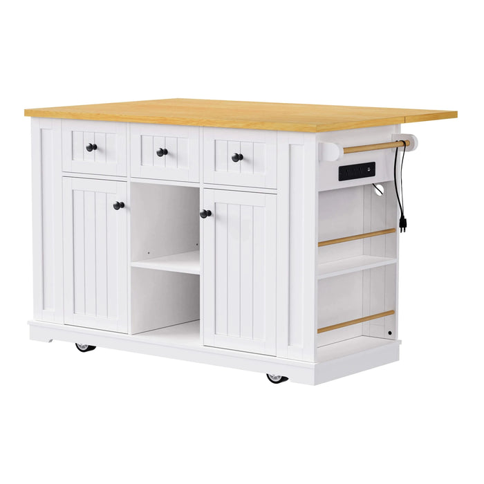 K&K 53inch Large Kitchen Island with Drop Leaf, Power Outlet, Door Internal Storage Rack, Rolling Kitchen Cart on 5 Wheels with 5 Open Side Racks for Kitchen, Dining Room,White(Not include bar stools) Default -DTYStore