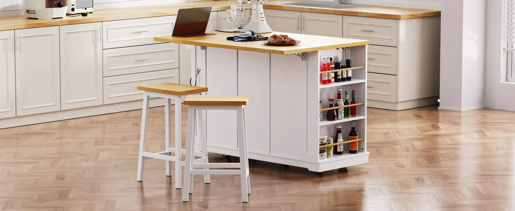 K&K 53inch Large Kitchen Island with Drop Leaf, Power Outlet, Door Internal Storage Rack, Rolling Kitchen Cart on 5 Wheels with 5 Open Side Racks for Kitchen, Dining Room,White(Not include bar stools) Default -DTYStore