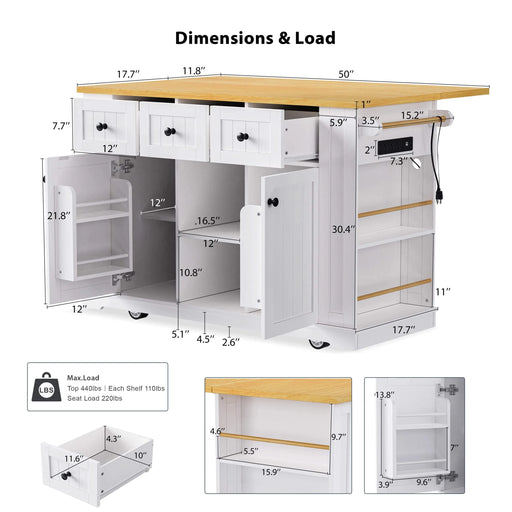 K&K 53inch Large Kitchen Island with Drop Leaf, Power Outlet, Door Internal Storage Rack, Rolling Kitchen Cart on 5 Wheels with 5 Open Side Racks for Kitchen, Dining Room,White(Not include bar stools) Default -DTYStore