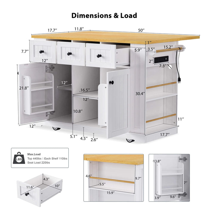 K&K 53inch Large Kitchen Island with Drop Leaf, Power Outlet, Door Internal Storage Rack, Rolling Kitchen Cart on 5 Wheels with 5 Open Side Racks for Kitchen, Dining Room,White(Not include bar stools) Default -DTYStore