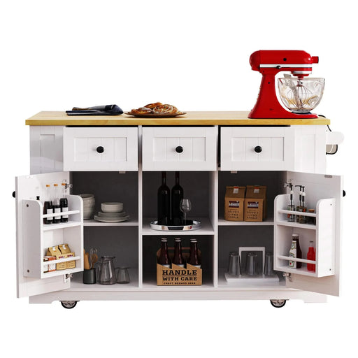 K&K 53inch Large Kitchen Island with Drop Leaf, Power Outlet, Door Internal Storage Rack, Rolling Kitchen Cart on 5 Wheels with 5 Open Side Racks for Kitchen, Dining Room,White(Not include bar stools) Default -DTYStore