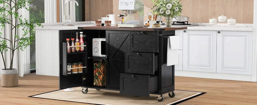 K&K 54.5' Farmhouse Kitchen Island with Power Outlet, Kitchen Storage Island with Internal Storage Rack, Drop Leaf, Spice Rack, Rolling Kitchen Cart on Wheels, for Home, Kitchen and Dining Room,Black Default -DTYStore