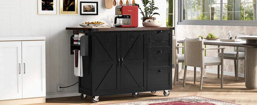 K&K 54.5' Farmhouse Kitchen Island with Power Outlet, Kitchen Storage Island with Internal Storage Rack, Drop Leaf, Spice Rack, Rolling Kitchen Cart on Wheels, for Home, Kitchen and Dining Room,Black Default -DTYStore