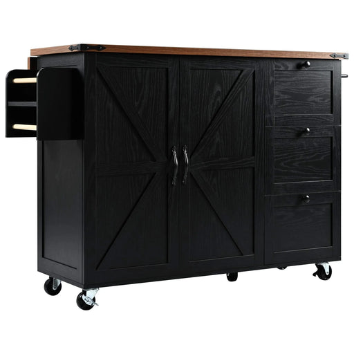 K&K 54.5' Farmhouse Kitchen Island with Power Outlet, Kitchen Storage Island with Internal Storage Rack, Drop Leaf, Spice Rack, Rolling Kitchen Cart on Wheels, for Home, Kitchen and Dining Room,Black Default -DTYStore