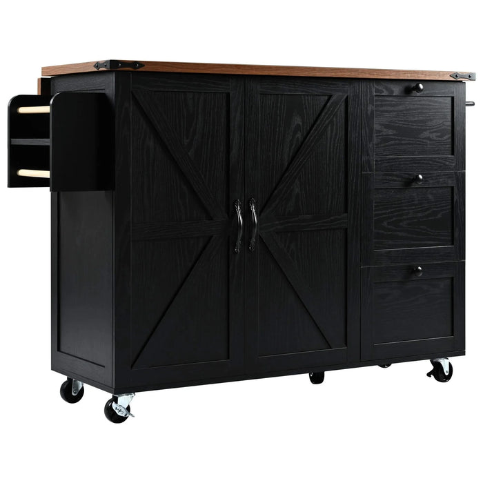 K&K 54.5' Farmhouse Kitchen Island with Power Outlet, Kitchen Storage Island with Internal Storage Rack, Drop Leaf, Spice Rack, Rolling Kitchen Cart on Wheels, for Home, Kitchen and Dining Room,Black Default -DTYStore