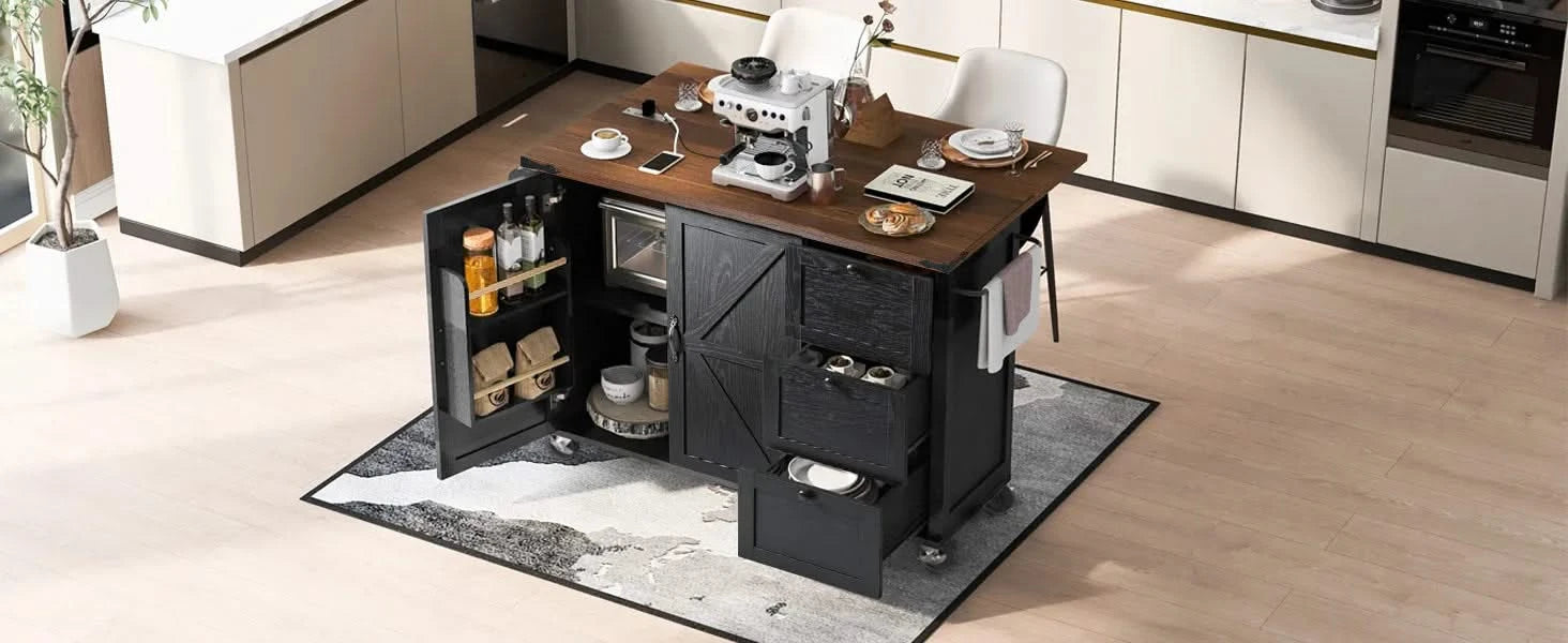 K&K 54.5' Farmhouse Kitchen Island with Power Outlet, Kitchen Storage Island with Internal Storage Rack, Drop Leaf, Spice Rack, Rolling Kitchen Cart on Wheels, for Home, Kitchen and Dining Room,Black Default -DTYStore