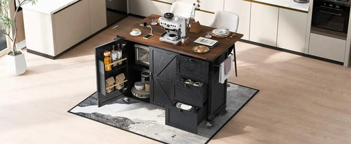 K&K 54.5' Farmhouse Kitchen Island with Power Outlet, Kitchen Storage Island with Internal Storage Rack, Drop Leaf, Spice Rack, Rolling Kitchen Cart on Wheels, for Home, Kitchen and Dining Room,Black Default -DTYStore
