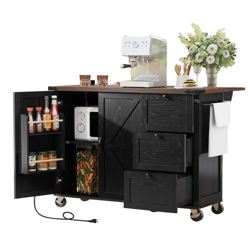 K&K 54.5' Farmhouse Kitchen Island with Power Outlet, Kitchen Storage Island with Internal Storage Rack, Drop Leaf, Spice Rack, Rolling Kitchen Cart on Wheels, for Home, Kitchen and Dining Room,Black Default -DTYStore