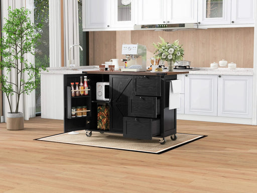 K&K 54.5' Farmhouse Kitchen Island with Power Outlet, Kitchen Storage Island with Internal Storage Rack, Drop Leaf, Spice Rack, Rolling Kitchen Cart on Wheels, for Home, Kitchen and Dining Room,Black Default -DTYStore