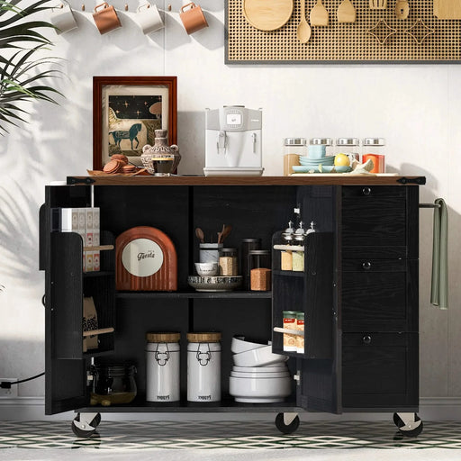 K&K 54.5' Farmhouse Kitchen Island with Power Outlet, Kitchen Storage Island with Internal Storage Rack, Drop Leaf, Spice Rack, Rolling Kitchen Cart on Wheels, for Home, Kitchen and Dining Room,Black Default -DTYStore