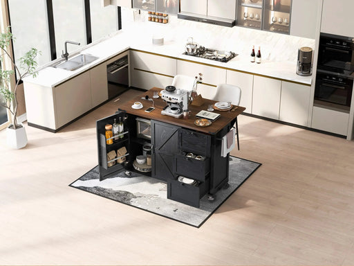 K&K 54.5' Farmhouse Kitchen Island with Power Outlet, Kitchen Storage Island with Internal Storage Rack, Drop Leaf, Spice Rack, Rolling Kitchen Cart on Wheels, for Home, Kitchen and Dining Room,Black Default -DTYStore