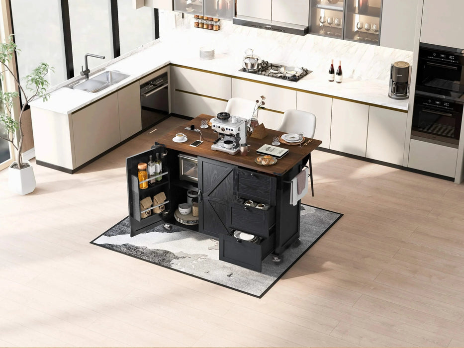 K&K 54.5' Farmhouse Kitchen Island with Power Outlet, Kitchen Storage Island with Internal Storage Rack, Drop Leaf, Spice Rack, Rolling Kitchen Cart on Wheels, for Home, Kitchen and Dining Room,Black Default -DTYStore