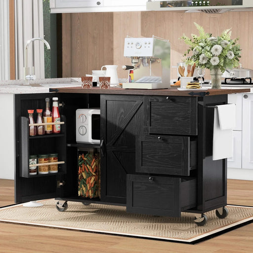 K&K 54.5' Farmhouse Kitchen Island with Power Outlet, Kitchen Storage Island with Internal Storage Rack, Drop Leaf, Spice Rack, Rolling Kitchen Cart on Wheels, for Home, Kitchen and Dining Room,Black Default -DTYStore