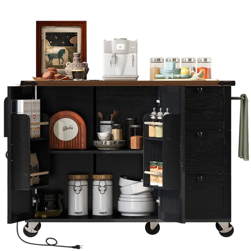 K&K 54.5' Farmhouse Kitchen Island with Power Outlet, Kitchen Storage Island with Internal Storage Rack, Drop Leaf, Spice Rack, Rolling Kitchen Cart on Wheels, for Home, Kitchen and Dining Room,Black Default -DTYStore