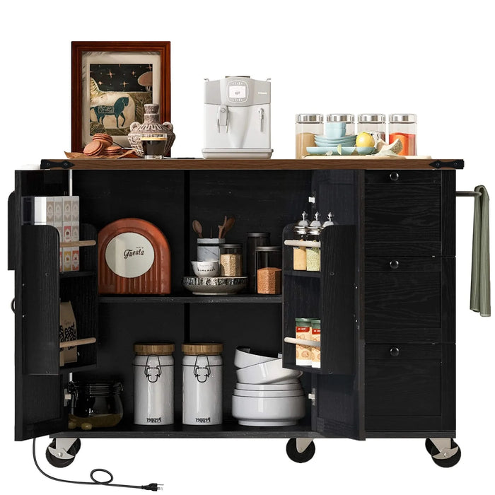 K&K 54.5' Farmhouse Kitchen Island with Power Outlet, Kitchen Storage Island with Internal Storage Rack, Drop Leaf, Spice Rack, Rolling Kitchen Cart on Wheels, for Home, Kitchen and Dining Room,Black Default -DTYStore