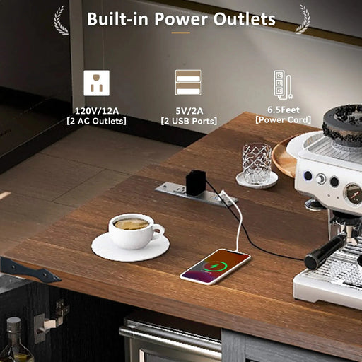 K&K 54.5' Farmhouse Kitchen Island with Power Outlet, Kitchen Storage Island with Internal Storage Rack, Drop Leaf, Spice Rack, Rolling Kitchen Cart on Wheels, for Home, Kitchen and Dining Room,Black Default -DTYStore