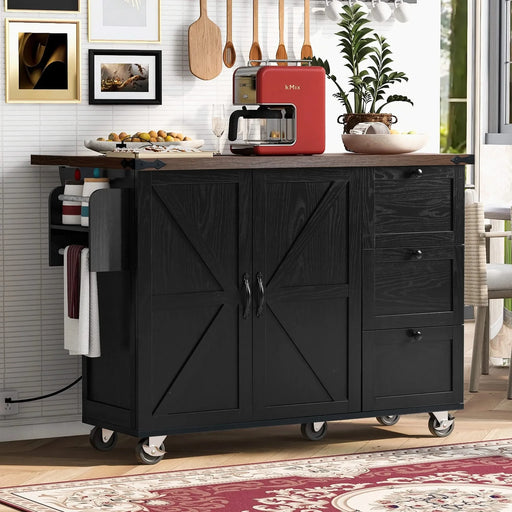 K&K 54.5' Farmhouse Kitchen Island with Power Outlet, Kitchen Storage Island with Internal Storage Rack, Drop Leaf, Spice Rack, Rolling Kitchen Cart on Wheels, for Home, Kitchen and Dining Room,Black Default -DTYStore