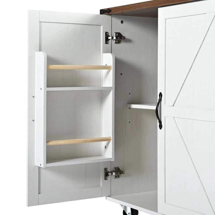 K&K 54.5' Farmhouse Kitchen Island with Power Outlet, Kitchen Storage Island with Internal Storage Rack, Drop Leaf, Spice Rack, Rolling Kitchen Cart on Wheels, for Home, Kitchen and Dining Room,White Default -DTYStore