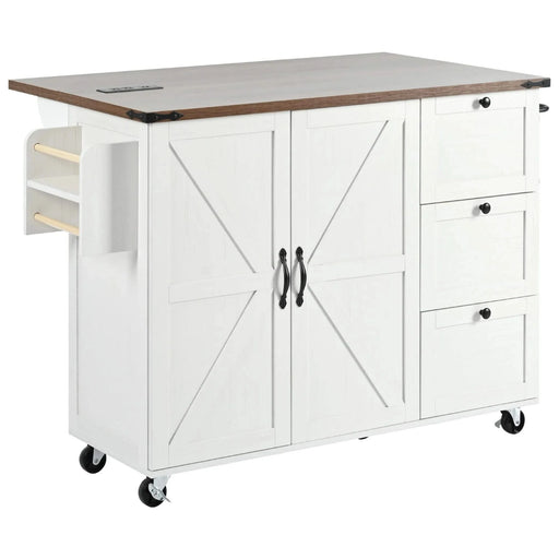 K&K 54.5' Farmhouse Kitchen Island with Power Outlet, Kitchen Storage Island with Internal Storage Rack, Drop Leaf, Spice Rack, Rolling Kitchen Cart on Wheels, for Home, Kitchen and Dining Room,White Default -DTYStore