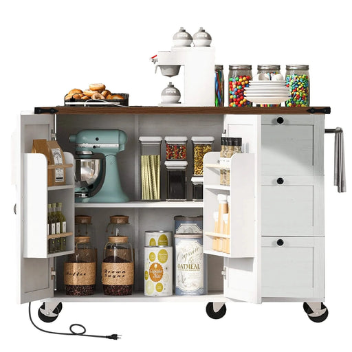 K&K 54.5' Farmhouse Kitchen Island with Power Outlet, Kitchen Storage Island with Internal Storage Rack, Drop Leaf, Spice Rack, Rolling Kitchen Cart on Wheels, for Home, Kitchen and Dining Room,White Default -DTYStore