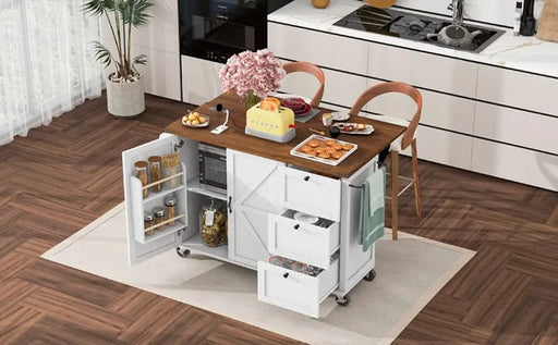 K&K 54.5' Farmhouse Kitchen Island with Power Outlet, Kitchen Storage Island with Internal Storage Rack, Drop Leaf, Spice Rack, Rolling Kitchen Cart on Wheels, for Home, Kitchen and Dining Room,White Default -DTYStore