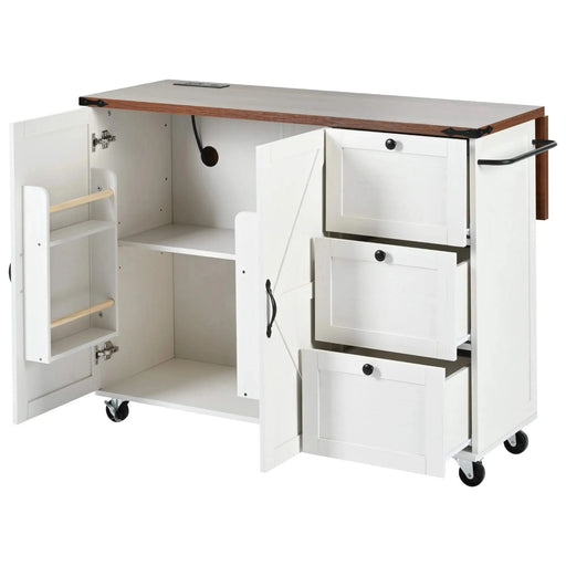 K&K 54.5' Farmhouse Kitchen Island with Power Outlet, Kitchen Storage Island with Internal Storage Rack, Drop Leaf, Spice Rack, Rolling Kitchen Cart on Wheels, for Home, Kitchen and Dining Room,White Default -DTYStore
