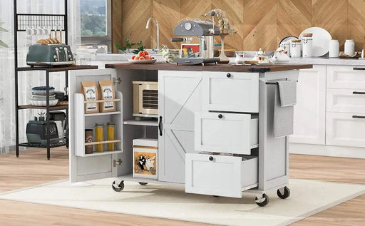 K&K 54.5' Farmhouse Kitchen Island with Power Outlet, Kitchen Storage Island with Internal Storage Rack, Drop Leaf, Spice Rack, Rolling Kitchen Cart on Wheels, for Home, Kitchen and Dining Room,White Default -DTYStore
