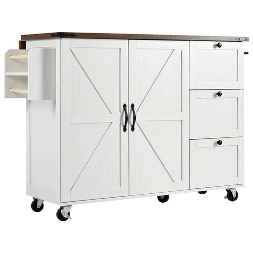 K&K 54.5' Farmhouse Kitchen Island with Power Outlet, Kitchen Storage Island with Internal Storage Rack, Drop Leaf, Spice Rack, Rolling Kitchen Cart on Wheels, for Home, Kitchen and Dining Room,White Default -DTYStore