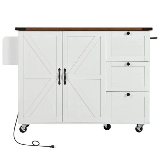 K&K 54.5' Farmhouse Kitchen Island with Power Outlet, Kitchen Storage Island with Internal Storage Rack, Drop Leaf, Spice Rack, Rolling Kitchen Cart on Wheels, for Home, Kitchen and Dining Room,White Default -DTYStore