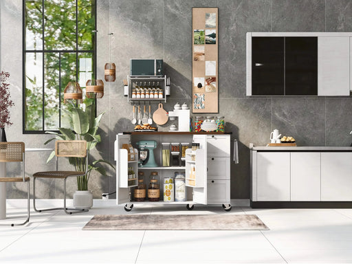 K&K 54.5' Farmhouse Kitchen Island with Power Outlet, Kitchen Storage Island with Internal Storage Rack, Drop Leaf, Spice Rack, Rolling Kitchen Cart on Wheels, for Home, Kitchen and Dining Room,White Default -DTYStore
