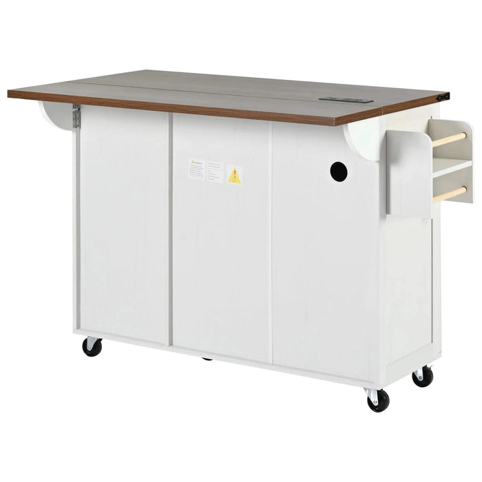 K&K 54.5' Farmhouse Kitchen Island with Power Outlet, Kitchen Storage Island with Internal Storage Rack, Drop Leaf, Spice Rack, Rolling Kitchen Cart on Wheels, for Home, Kitchen and Dining Room,White Default -DTYStore
